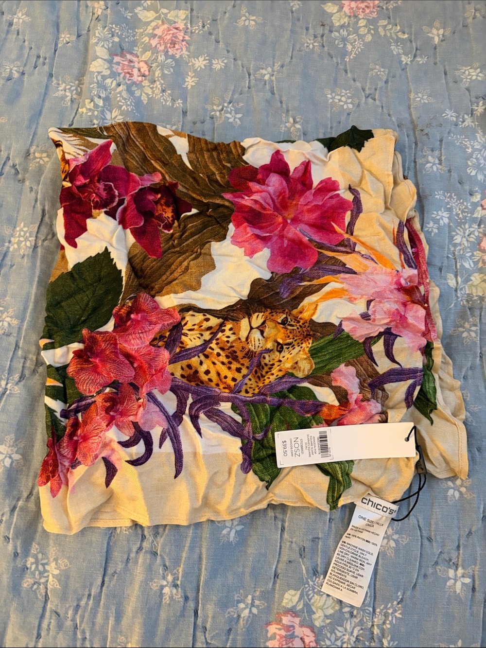 Chico's Floral & Leopard Print Scarf - Pink, Purple, Green, Cream